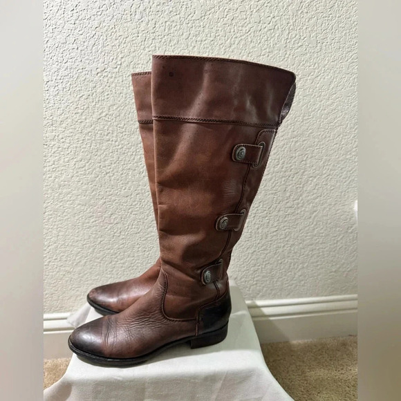 Arturo Chiang WomenTall Riding Boots Pull-On Brown Leather Distressed Side Zip 8 - Picture 2 of 12